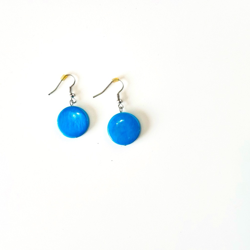 Vintage 1.5” Retro Art Deco Teal Blue Disc Earrings